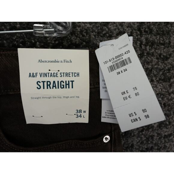 Abercrombie & Fitch Jeans Mens 36x34 Brown Vintage Stretch Straight Preppy NWT - Picture 10 of 16